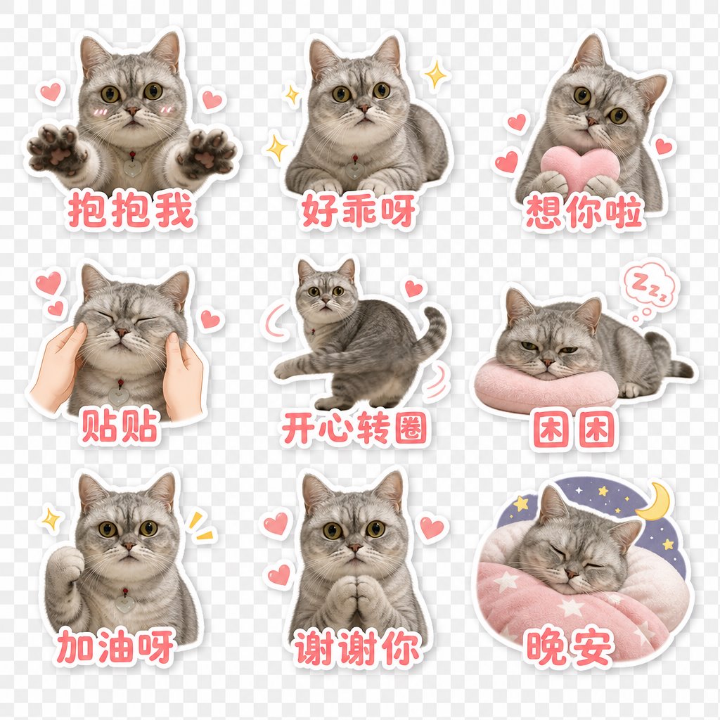 Generated 3x3 cat sticker sheet sample with cute daily chat reactions