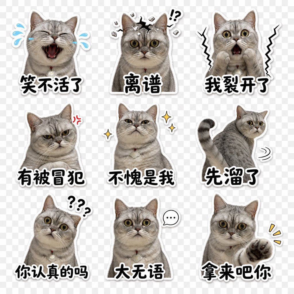 Generated cat meme sticker sheet sample for Telegram group chat reactions