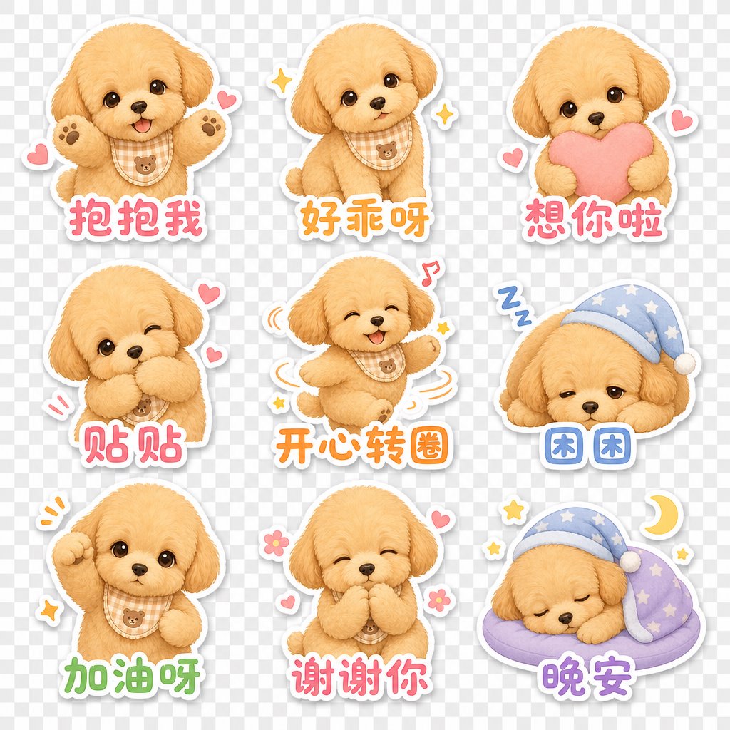 Generated 3x3 dog sticker sheet sample with cute chat reactions
