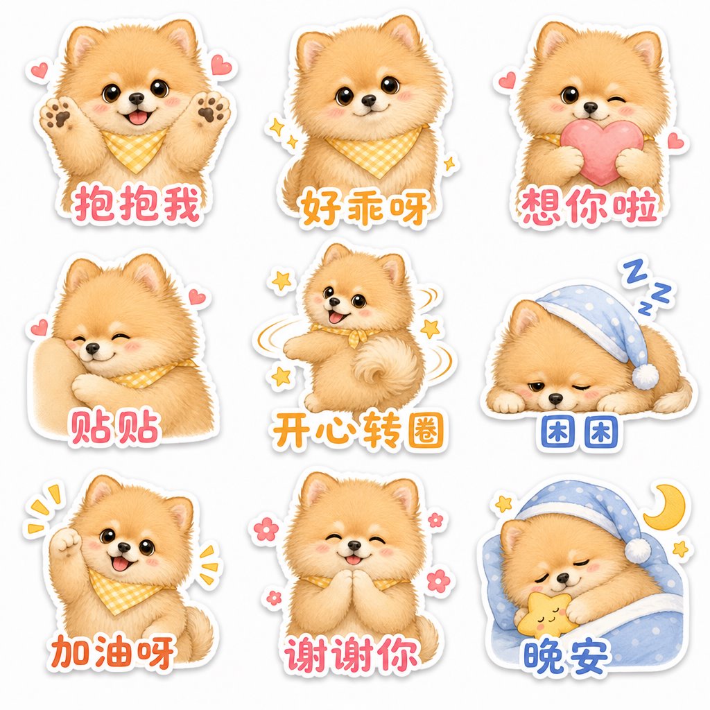 Generated custom dog sticker sheet sample with nine printable-style stickers