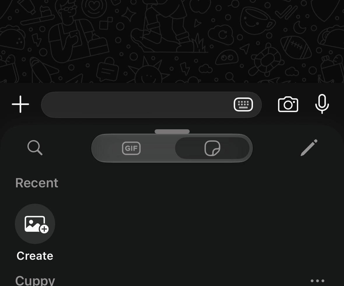 WhatsApp sticker tray showing the Create button in a test chat