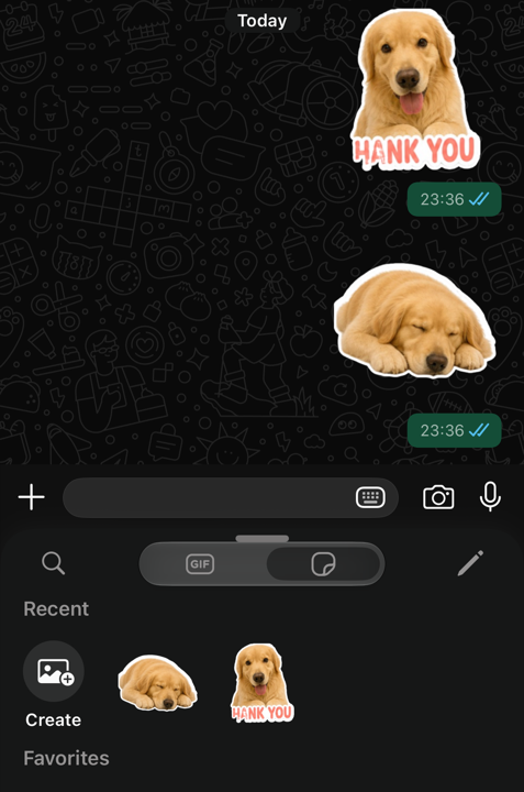 Two pet stickers sent in a WhatsApp test chat